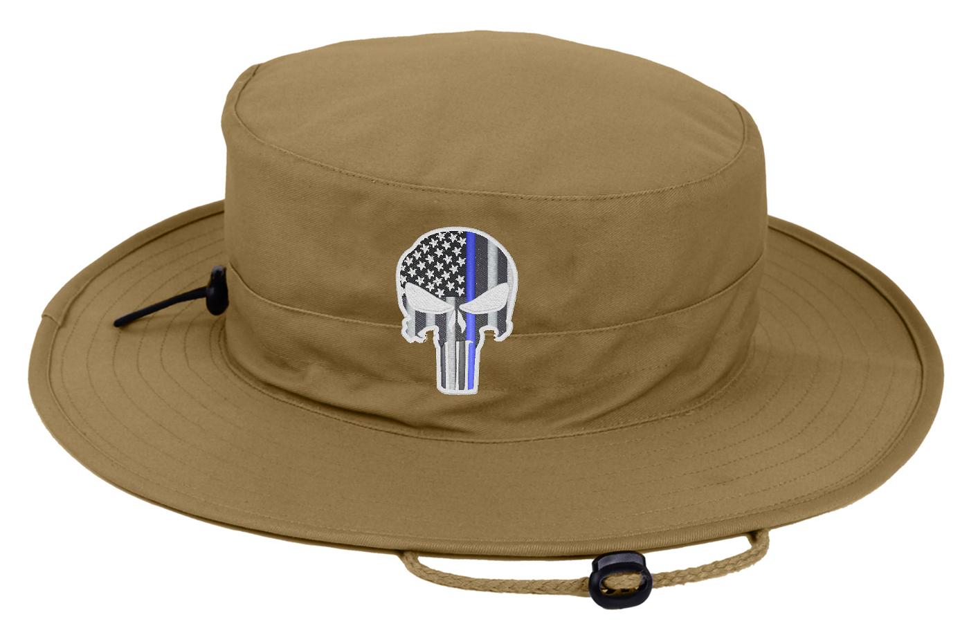 Tan Boonie Hat with a Subdued Thin Blue Line Punisher