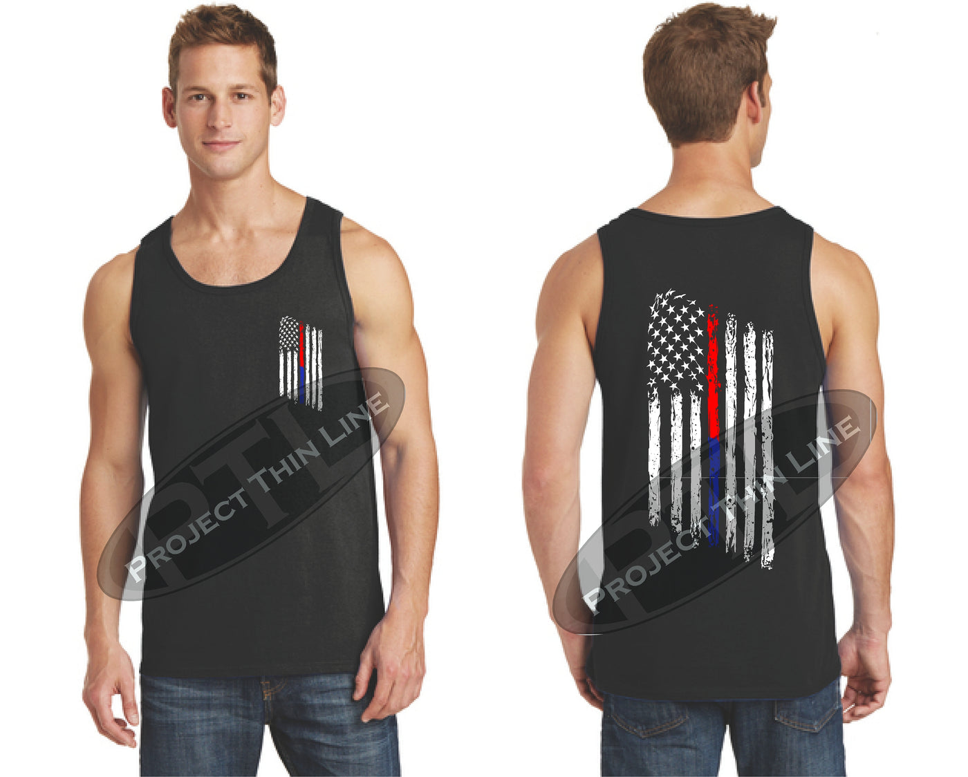 Thin BLUE / Red Line Tattered American Flag Tank Top