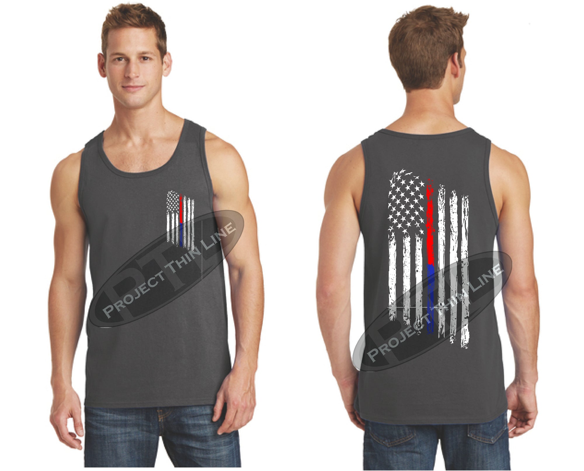 Charcoal Thin BLUE / Red Line Tattered American Flag Tank Top