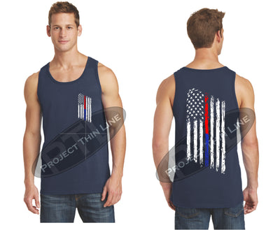 Navy Thin BLUE / Red Line Tattered American Flag Tank Top