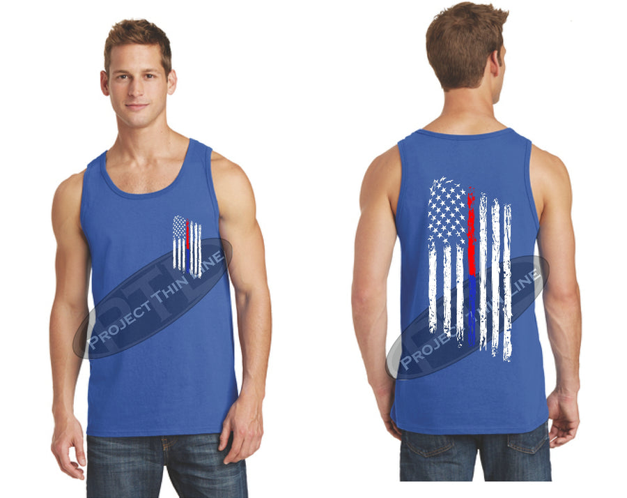 Black Thin BLUE / Red Line Tattered American Flag Tank Top