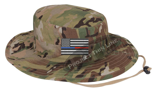 Embroidered Thin BLUE / RED Line American Flag Boonie Adjustable Hat