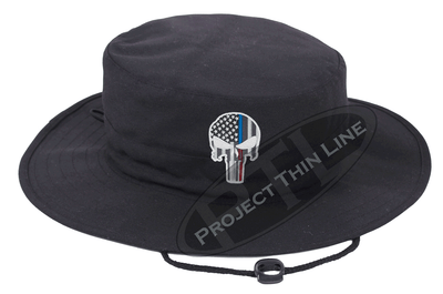 Embroidered Thin Blue / Red Line Punisher Skull inlayed with the American Flag Boonie Adjustable Hat