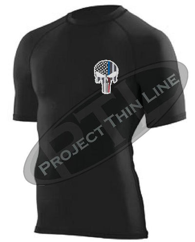 BLACK Embroidered Thin Blue / RED Line Punisher Skull inlayed American Flag Short Sleeve Compression Shirt