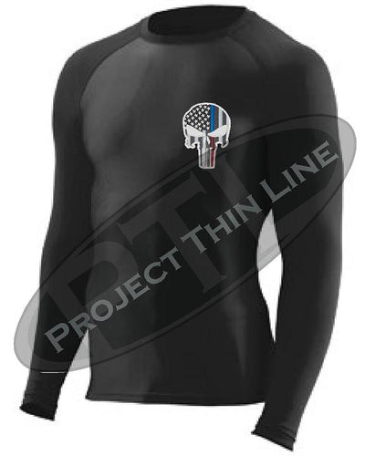 BLACK Embroidered Thin Blue / RED Line Punisher Skull inlayed American Flag Long Sleeve Compression Shirt