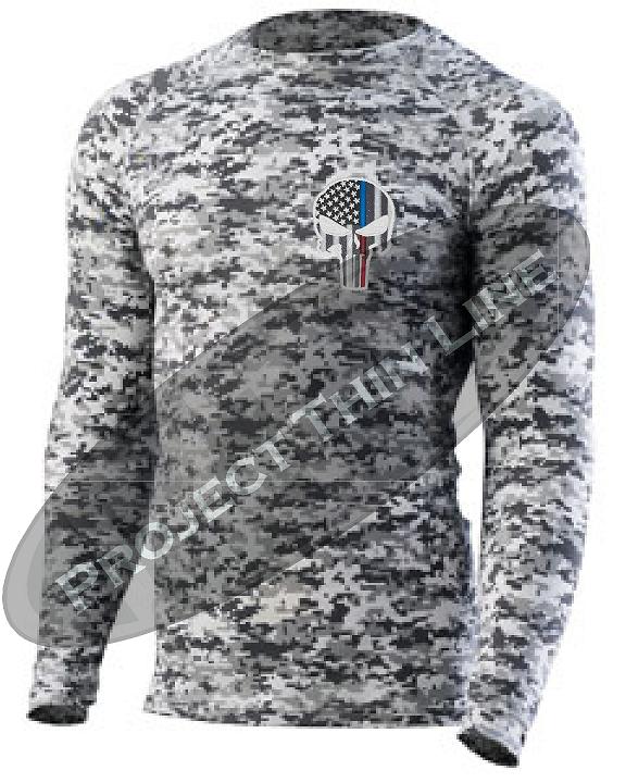 Digital Camo Embroidered Thin Blue / RED Line Punisher Skull inlayed American Flag Long Sleeve Compression Shirt