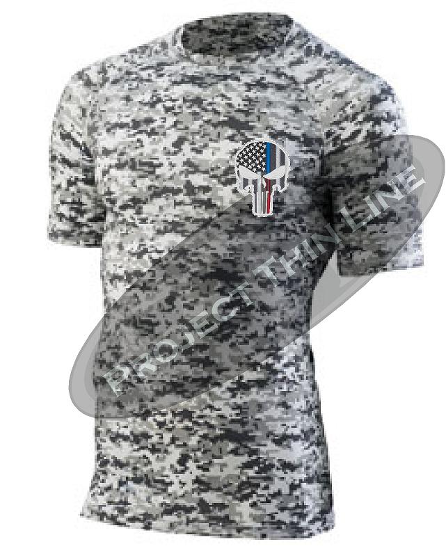Digital Camo Embroidered Thin Blue / RED Line Punisher Skull inlayed American Flag Short Sleeve Compression Shirt