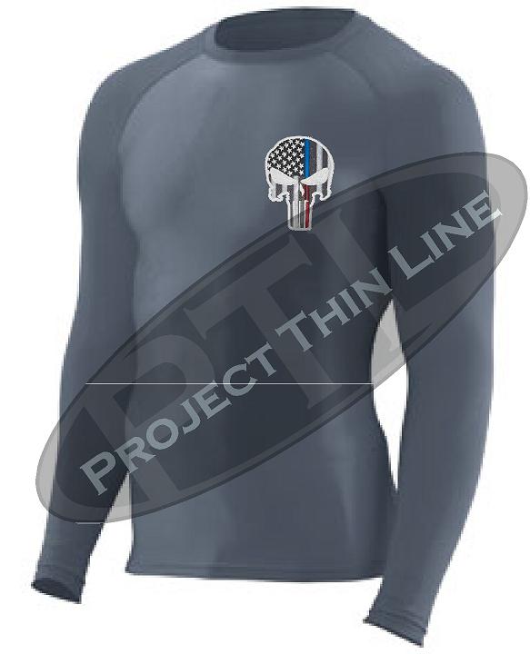 Charcoal Embroidered Thin Blue / RED Line Punisher Skull inlayed American Flag Long Sleeve Compression Shirt