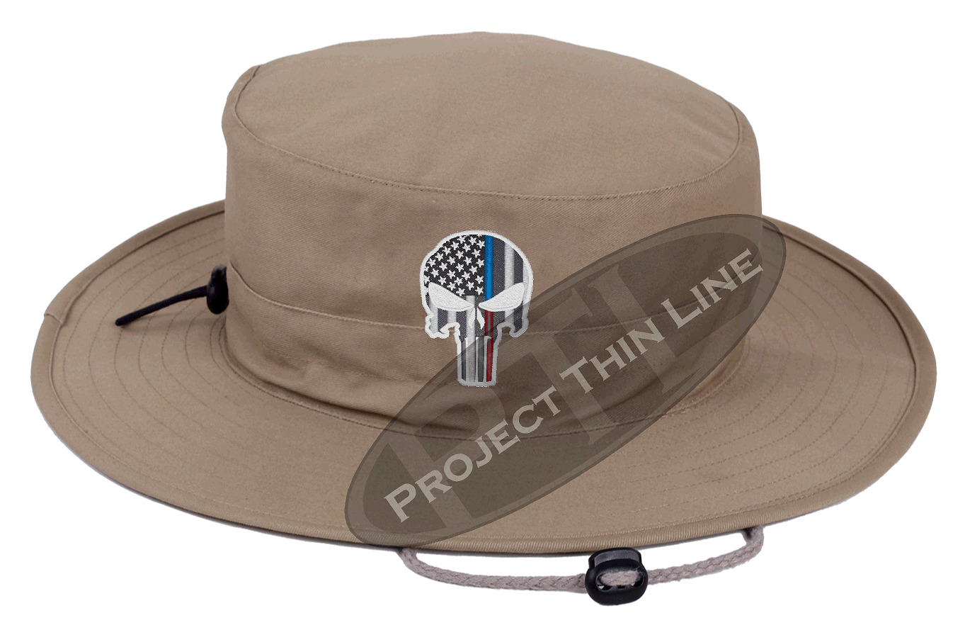 Embroidered Thin Blue / Red Line Punisher Skull inlayed with the American Flag Boonie Adjustable Hat