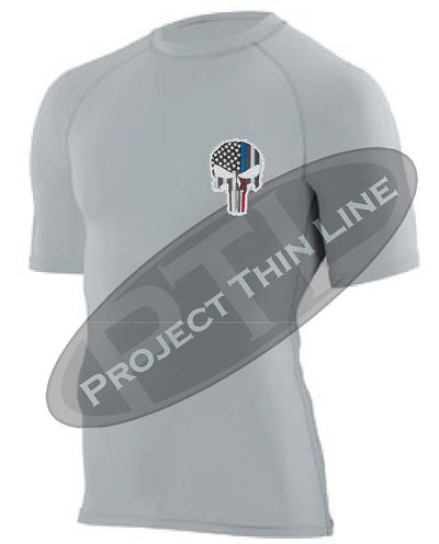 Light Grey Embroidered Thin Blue / RED Line Punisher Skull inlayed American Flag Short Sleeve Compression Shirt