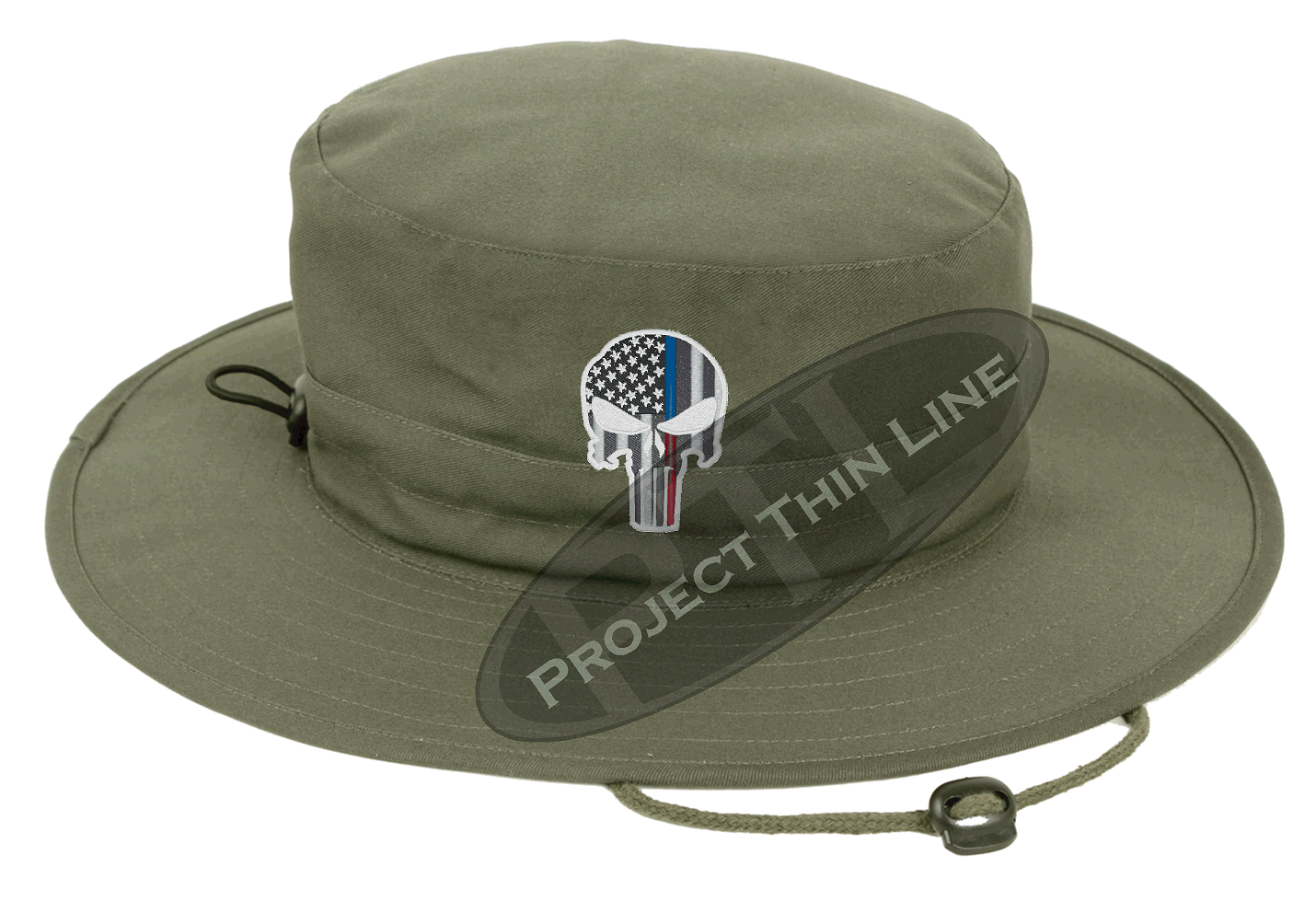 Embroidered Thin Blue / Red Line Punisher Skull inlayed with the American Flag Boonie Adjustable Hat