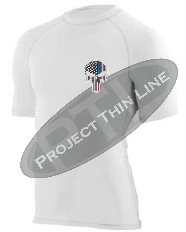 White Embroidered Thin Blue / RED Line Punisher Skull inlayed American Flag Short Sleeve Compression Shirt