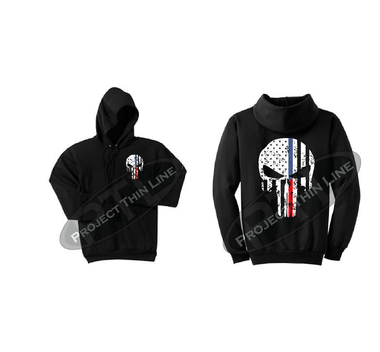 Thin BLUE / Red Line Punisher Skull inlayed with the Tattered American Flag Hooded Sweatshirt