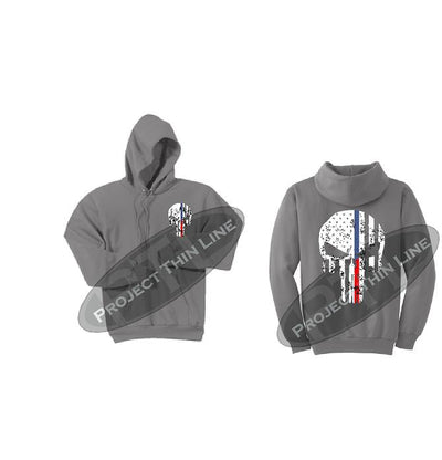 Womens Light Grey Hoodie with Blue / Red Line Punisher Skull