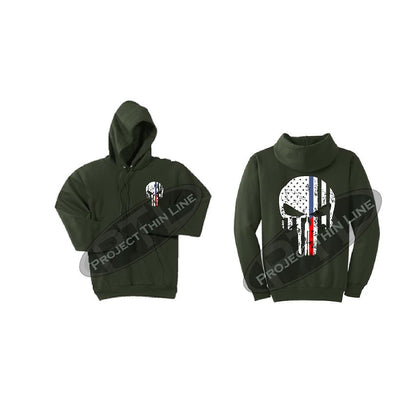 Olive Green Black Hoodie with Blue / Red Line Punisher Skull