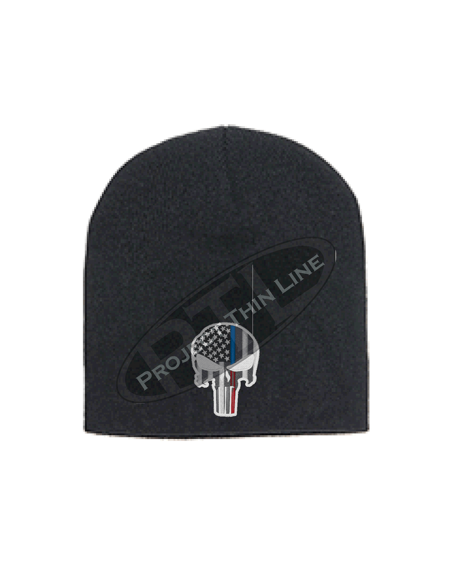BLACK Thin BLUE / RED Line PUNISHER Skull inlayed with American Flag FLEECE LINED Skull Cap