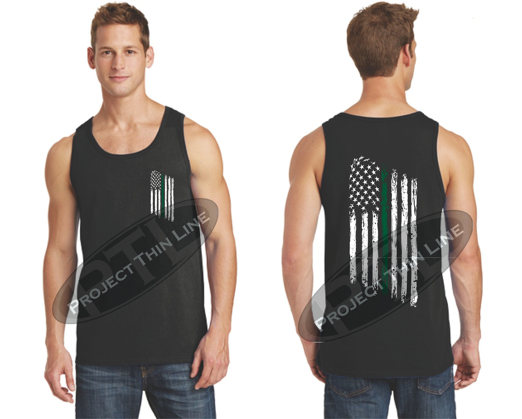 Black Thin Green Line Tattered American Flag Tank Top