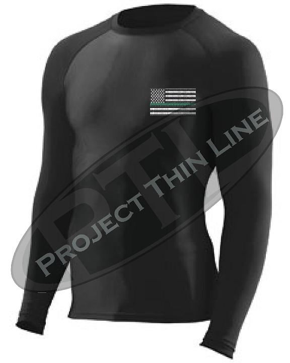 Black Embroidered Thin GREEN Line American Flag Long Sleeve Compression Shirt