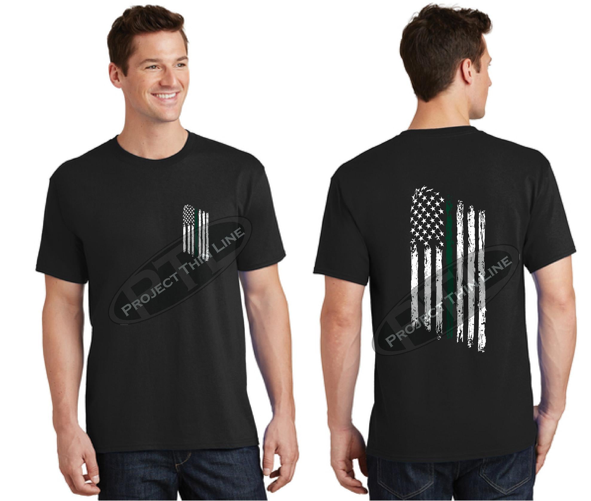 Black Thin GREEN Line Tattered American Flag Short Sleeve Shirt