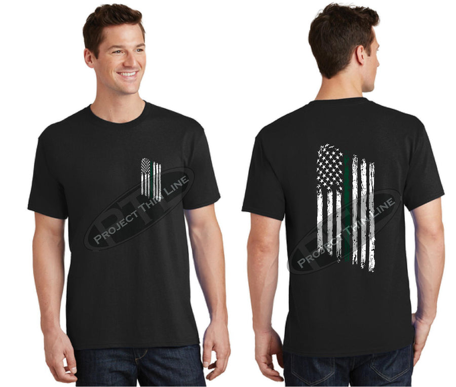 Black Thin GREEN Line Tattered American Flag Short Sleeve Shirt