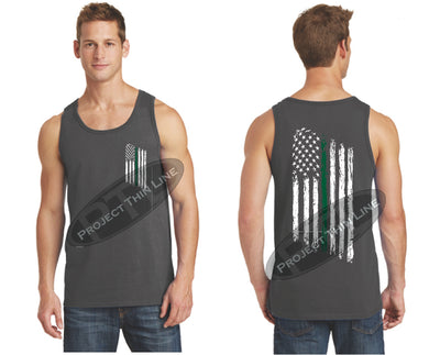 Charcoal Thin Green Line Tattered American Flag Tank Top