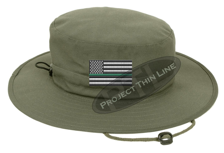 Embroidered Thin GREEN Line American Flag Boonie Adjustable Hat