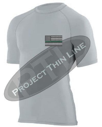 Light Grey Embroidered Thin GREEN Line American Flag Short Sleeve Compression Shirt