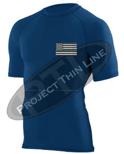 Navy Embroidered Thin GREEN Line American Flag Short Sleeve Compression Shirt