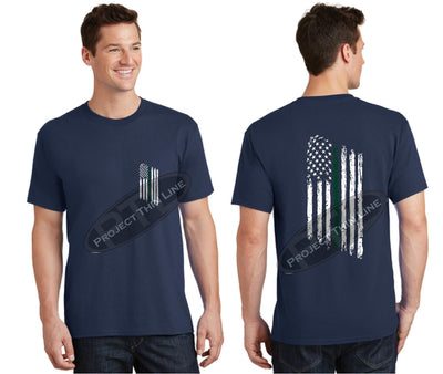 Navy Thin GREEN Line Tattered American Flag Short Sleeve Shirt