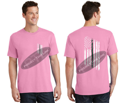 Pink Thin GREEN Line Tattered American Flag Short Sleeve Shirt
