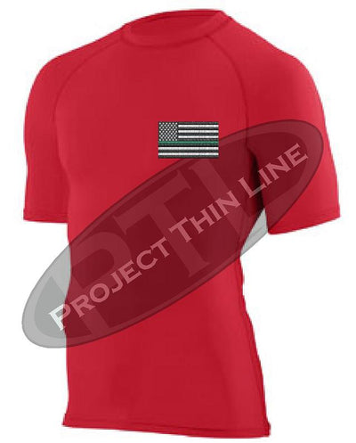 RED Embroidered Thin GREEN Line American Flag Short Sleeve Compression Shirt