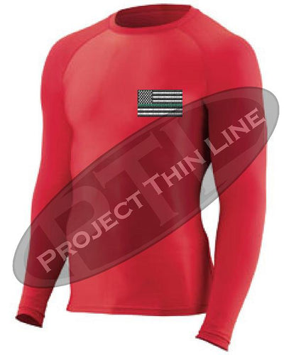 RED Embroidered Thin GREEN Line American Flag Long Sleeve Compression Shirt