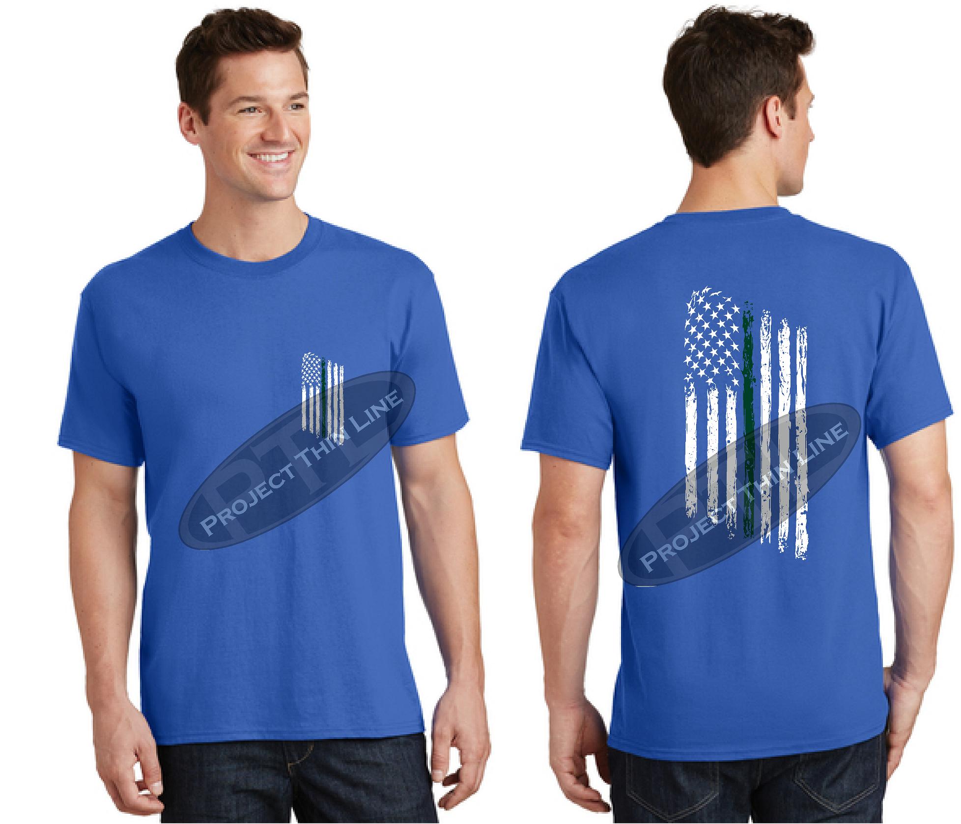 Royal Blue Thin GREEN Line Tattered American Flag Short Sleeve Shirt