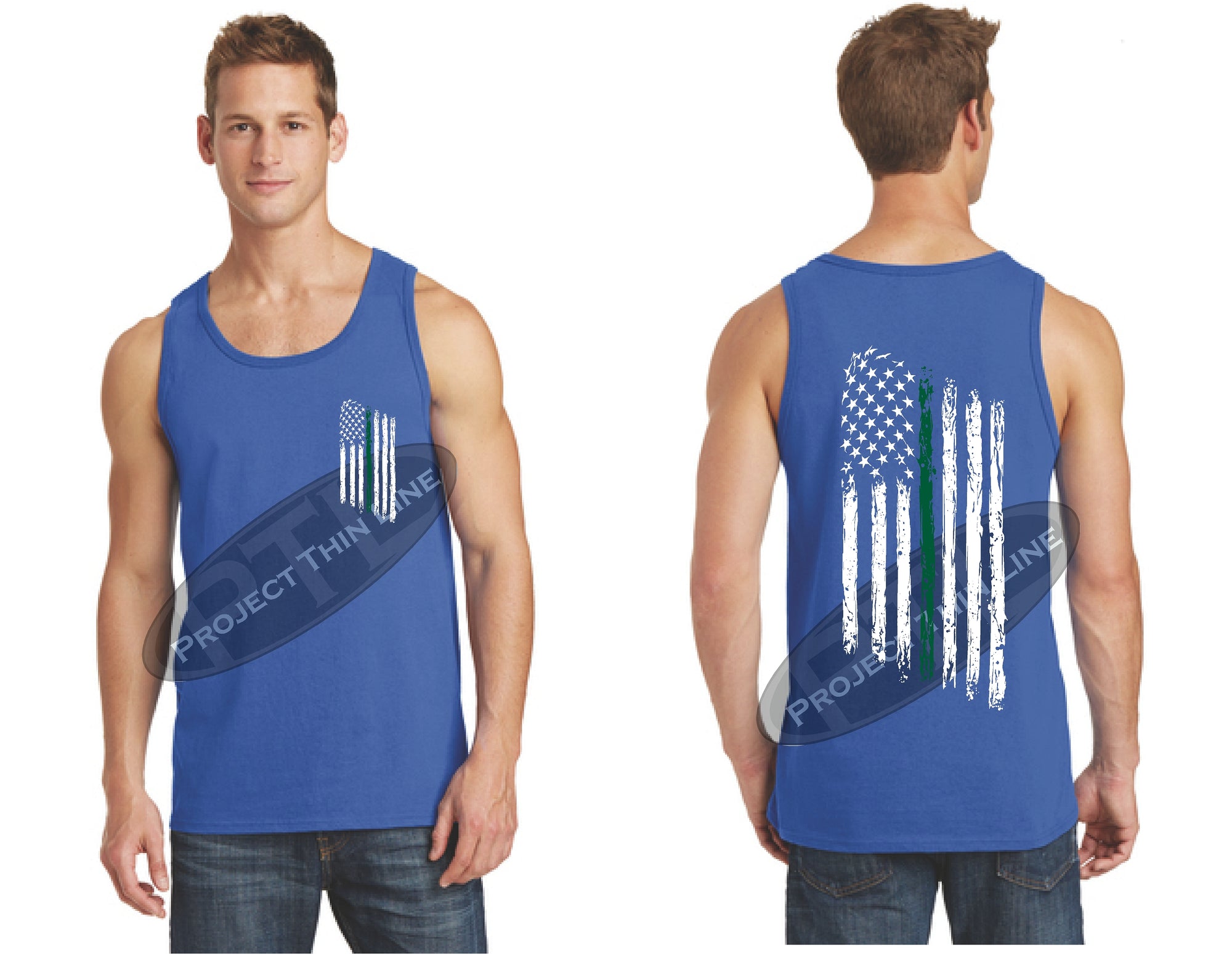 Royal Thin Green Line Tattered American Flag Tank Top