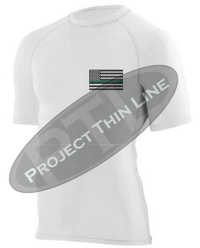 White Embroidered Thin GREEN Line American Flag Short Sleeve Compression Shirt