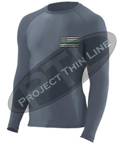 Charcoal Embroidered Thin GREEN Line American Flag Long Sleeve Compression Shirt