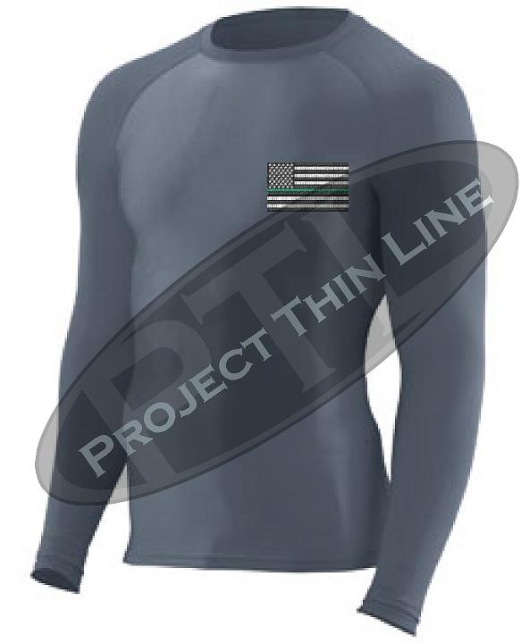 Black Embroidered Thin GREEN Line American Flag Long Sleeve Compression Shirt