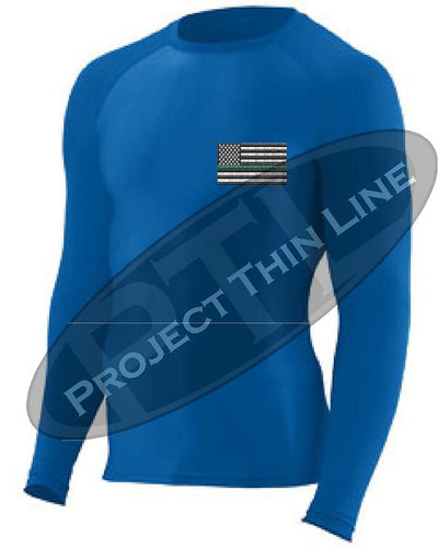 Royal Embroidered Thin GREEN Line American Flag Long Sleeve Compression Shirt
