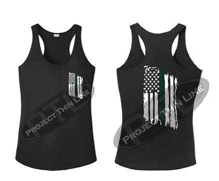 Black Tattered Thin GREEN Line American Flag Racerback Tank Top