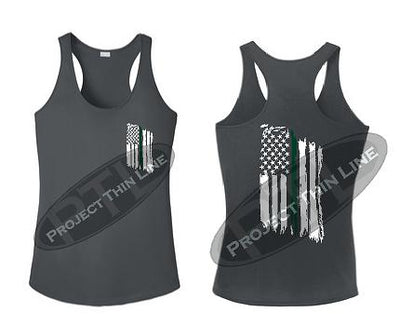 Charcoal Tattered Thin GREEN Line American Flag Racerback Tank Top