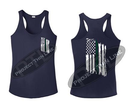 Navy Blue Tattered Thin GREEN Line American Flag Racerback Tank Top
