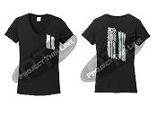 BLACK Women's Thin GREEN Line Tattered American Flag V Neck Short Sleeve Shirt
