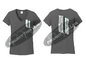 Charcoal Women's Thin GREEN Line Tattered American Flag V Neck Short Sleeve Shirt