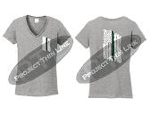 Charcoal Women's Thin GREEN Line Tattered American Flag V Neck Short Sleeve Shirt