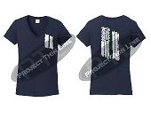 Navy Blue Women's Thin GREEN Line Tattered American Flag V Neck Short Sleeve Shirt