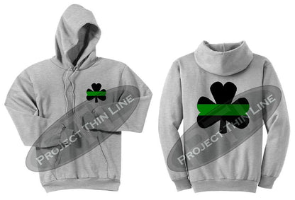 Ash Grey Thin GREEN Line Shamrock Clover Hooded Sweatshirt