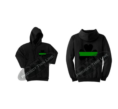 Black Thin GREEN Line Shamrock Clover Hooded Sweatshirt