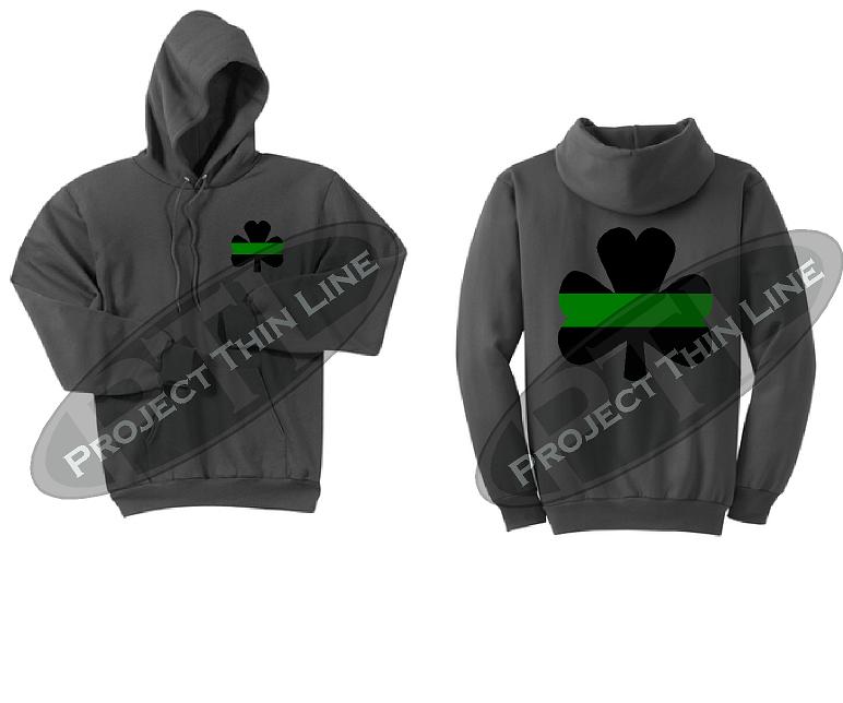 Charcoal Thin GREEN Line Shamrock Clover Hooded Sweatshirt