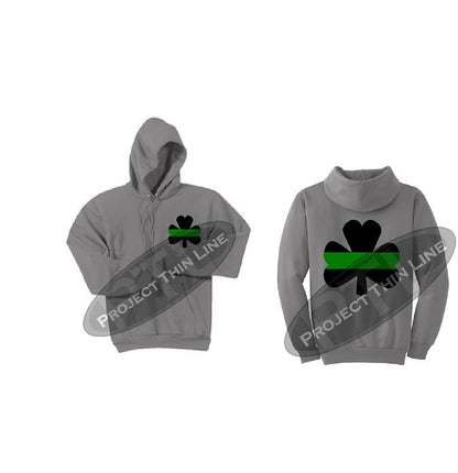 Light Grey Thin GREEN Line Shamrock Clover Hooded Sweatshirt