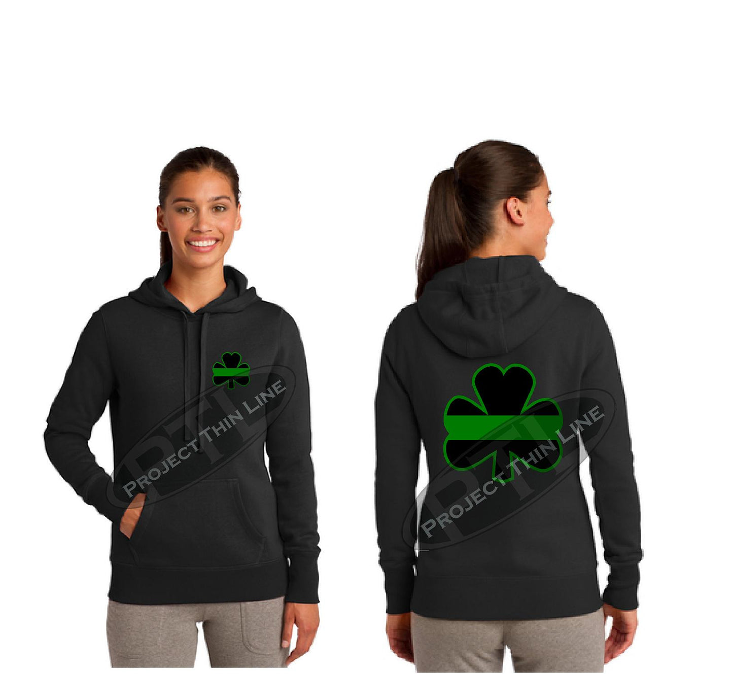 Charcoal Thin GREEN Line Shamrock Clover Hooded Sweatshirt